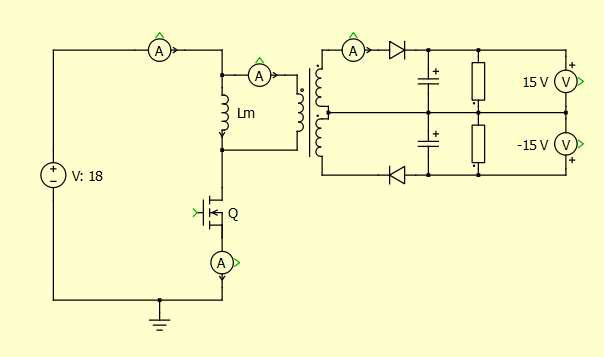 PLECS schematic of a dual-output flyback converter with an 18 V source, a magnetizing inductance, a MOSFET switch, and two secondary windings each feeding a diode, a capacitor, and a load at plus and minus 15 V