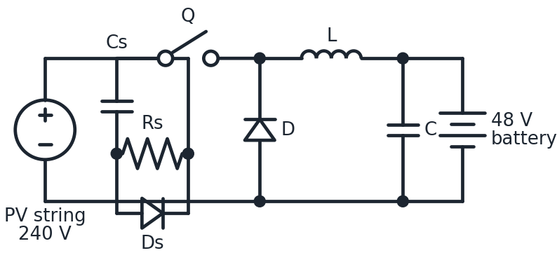 Schematic of a buck converter from a 240 V photovoltaic string to a 48 V battery, with a capacitor, resistor, and diode snubber network across the switch